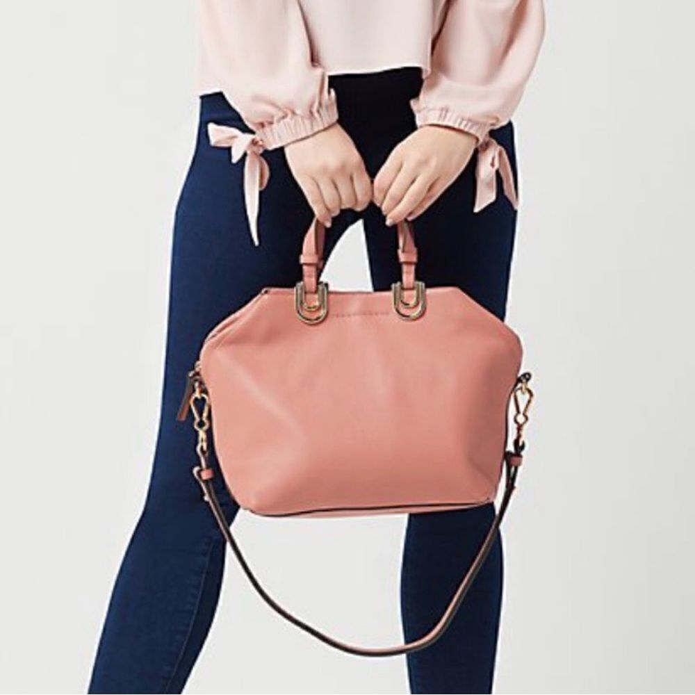 Vince Camuto Plum Soft Pebbled Leather Satchel Handbag Color Sushi/Coral Top Zip
